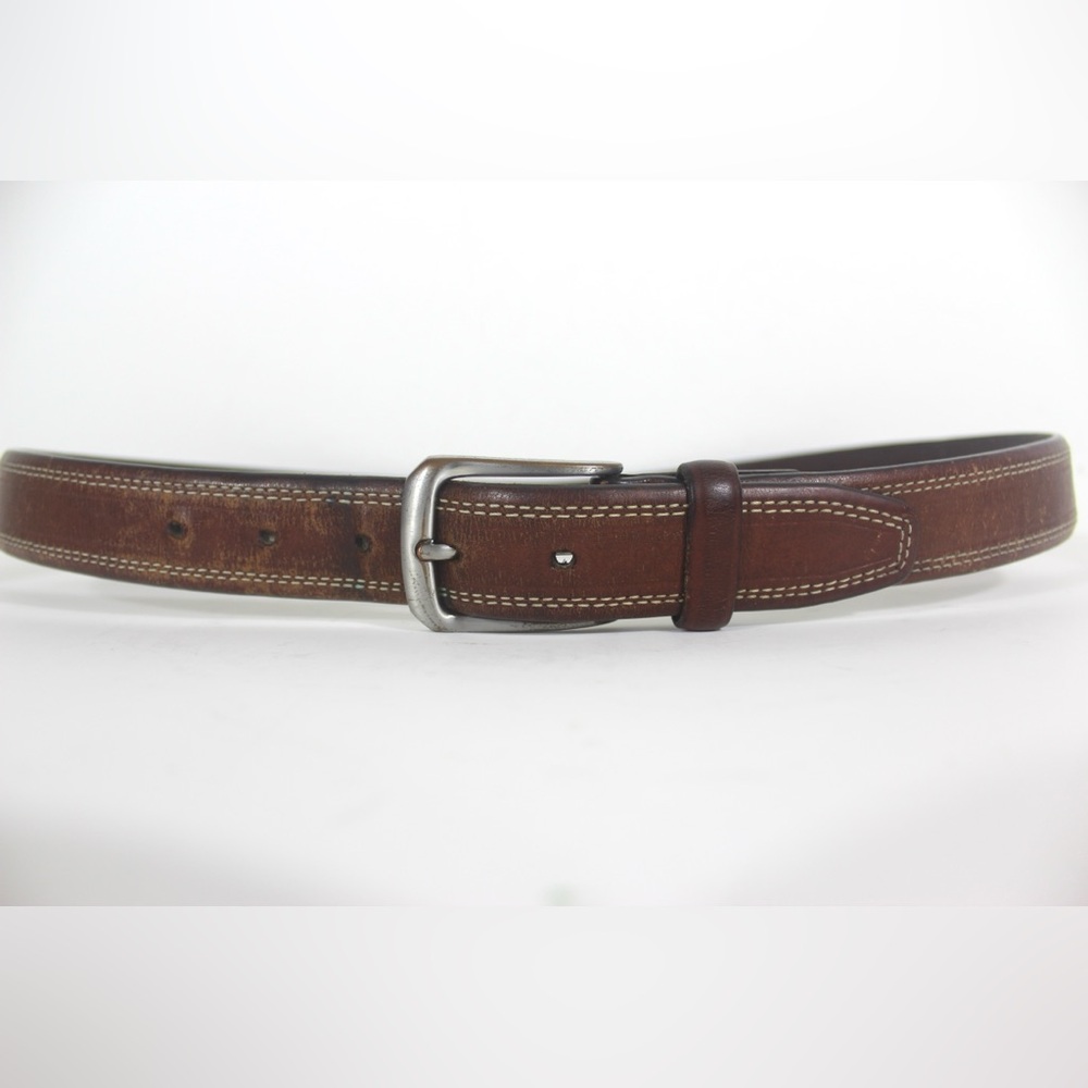 Vintage Thick Brown Leather Belt with White Topstitching and Patina